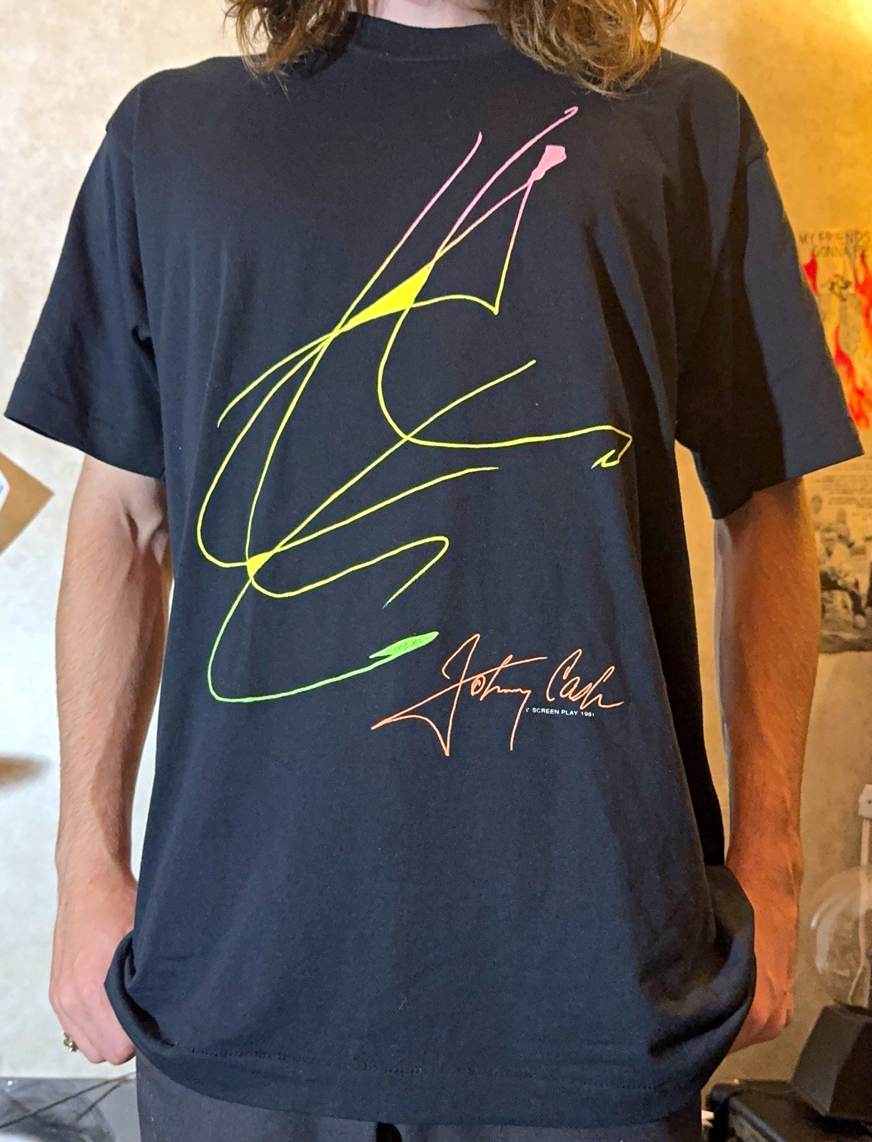Vintage 1991 Johnny Cash Shirt XL Screen Stars Best Neon Scribble Single Stitch Vintage 1991 Johnny Cash Shirt XL Screen Stars Best Neon Scribble Single Stitch
