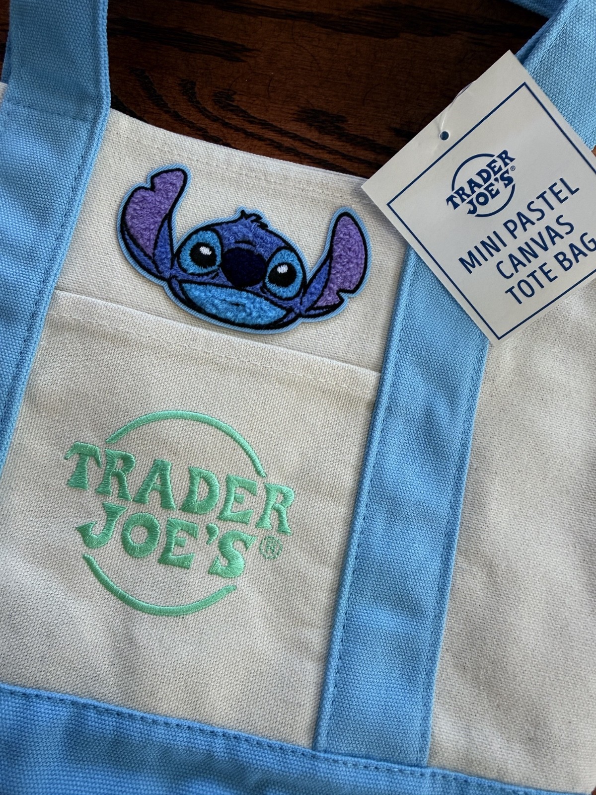 NEW blue Trader Joe's mini tote bag customized Disney Stitch patch Easter NWT