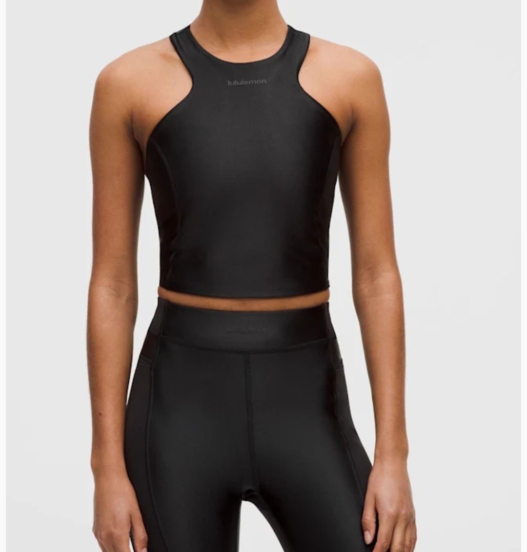 Lululemon Satin Shine Tank Top Wordmark Logo Black Cropped Racerback  2 NWT