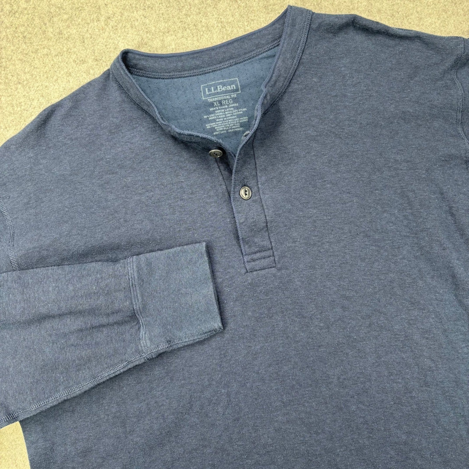 L.L.Bean Double Layer Henley Shirt Mens XL Blue Traditional Fit Wool Blend