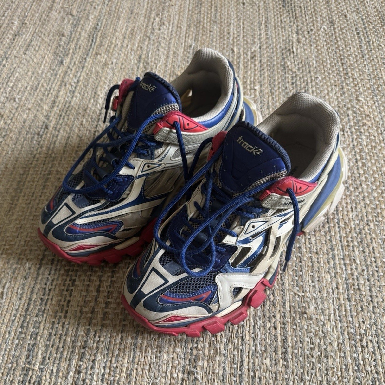 Balenciaga Track 2 Men’s Low Top Lace-Up Athletic Sneakers Blue/White/Red