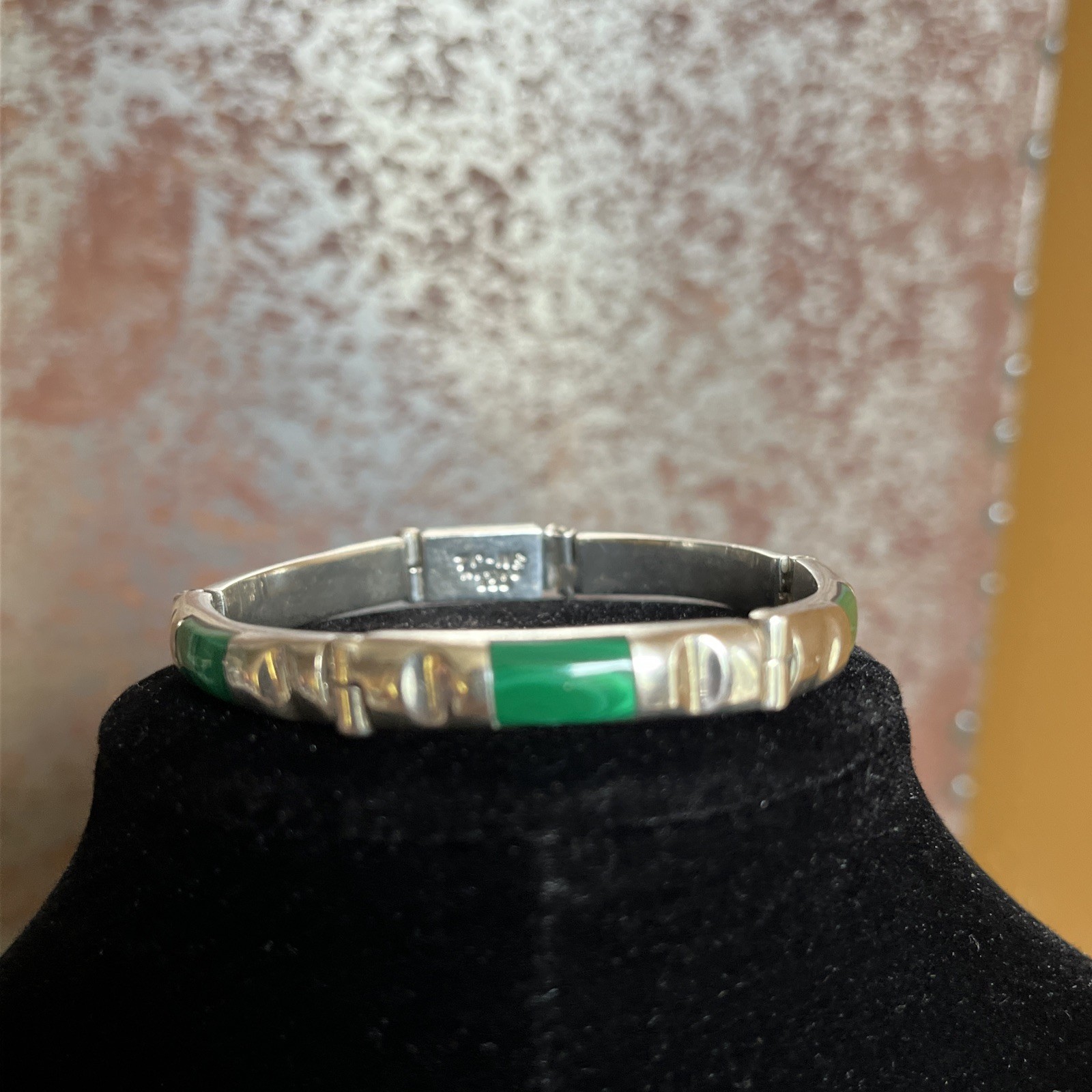 Taxco Vintage Mexico 950 Silver Green Malachite Inlay Hinge Link Bracelet TC-116
