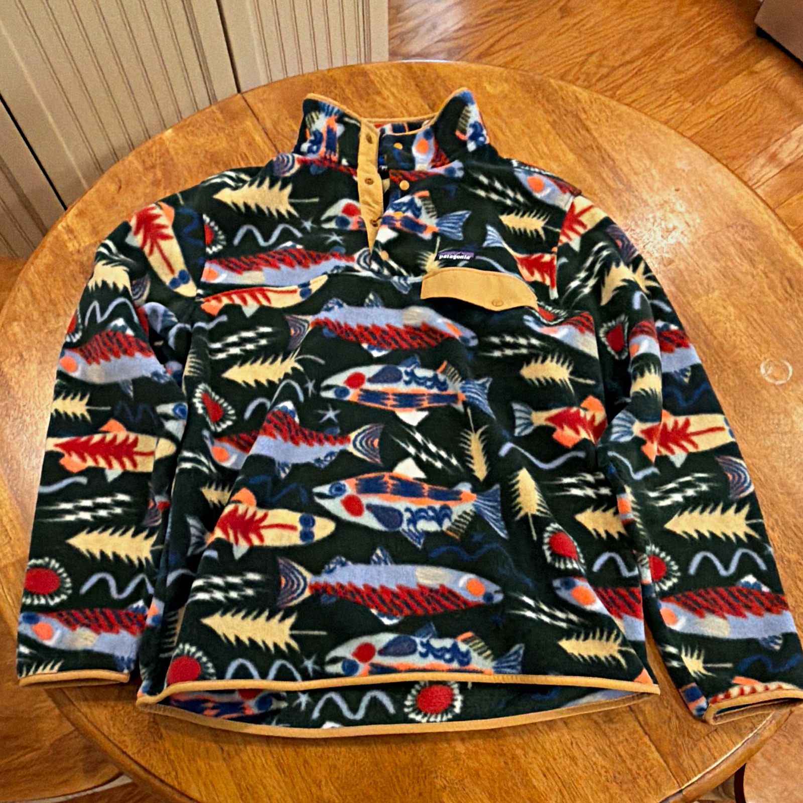 Patagonia Synchilla Lightweight Snap-T Fleece Pullover “Salmon Energy” Print L