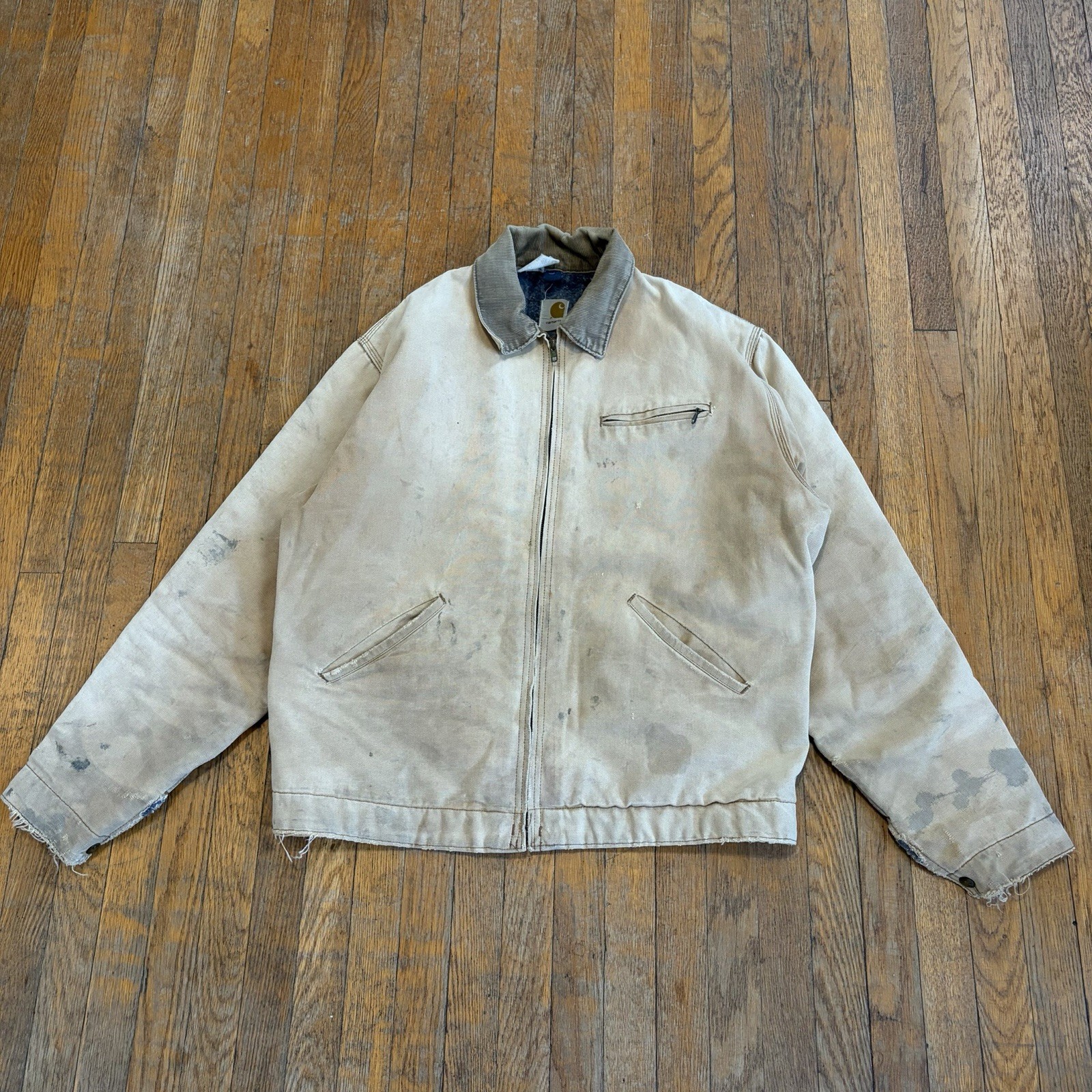 Vintage 80s Carhartt 6BLJT Detroit Jacket Blanket Lined Size 44T Tan Distressed