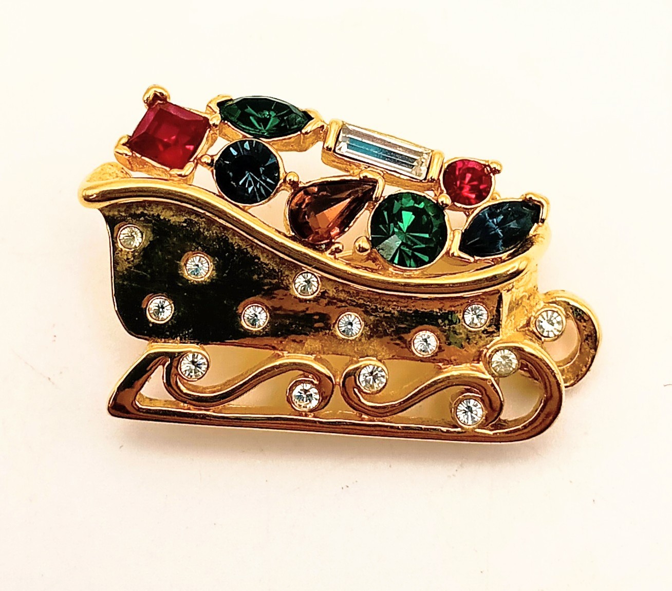 Vintage Marvella Signed Christmas Sleigh Brooch Gold Tone Multi Rhinestone Pin