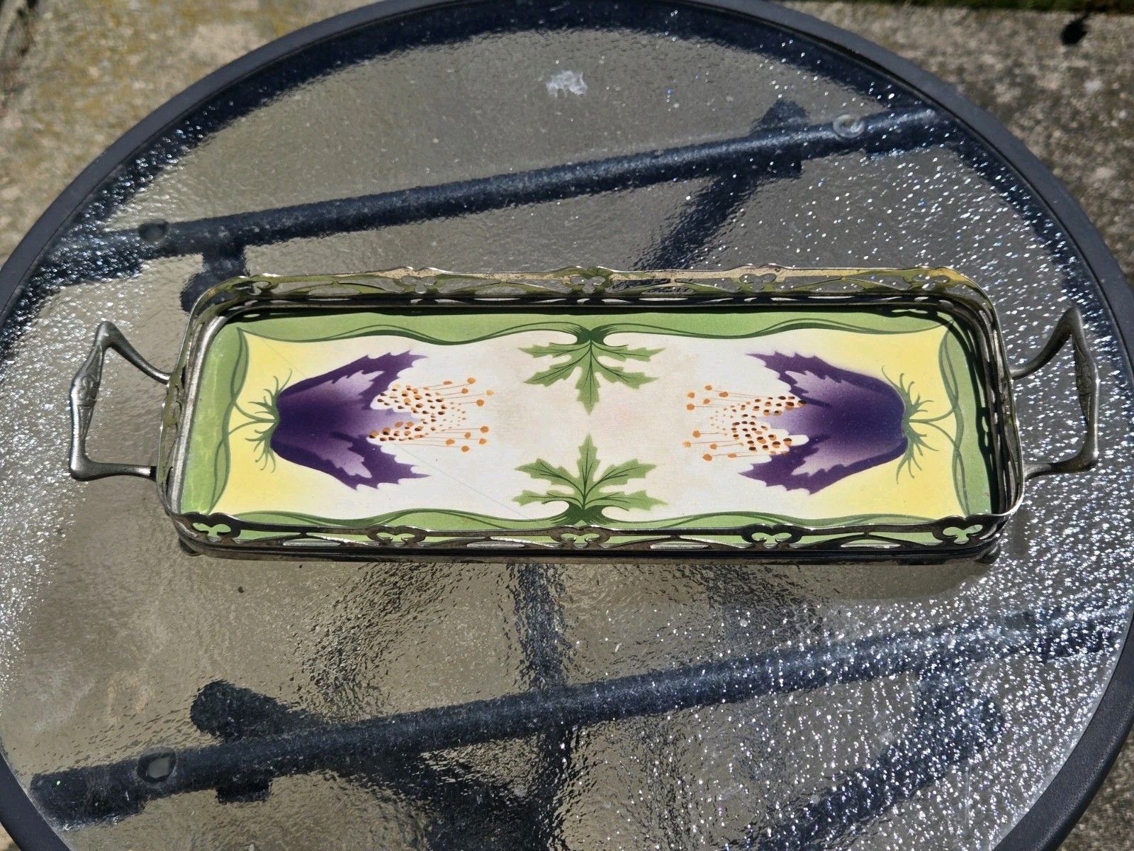 antique villeroy boch Porcelain And Metal Tray With Fig Leaves And Magnolia... antique villeroy boch Porcelain And Metal Tray With Fig Leaves And Magnolia...