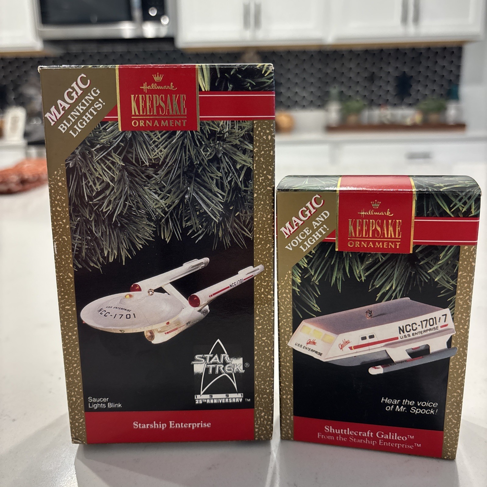 Set of two Hallmark Keepsake Star Trek Starship Enterprise Galileo TOS WORKS
