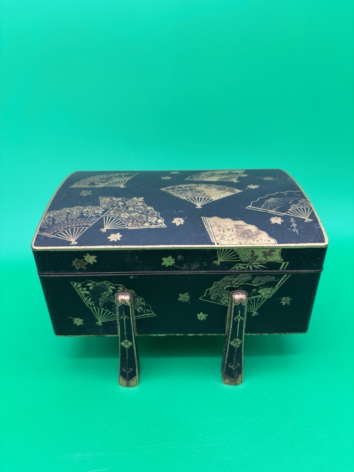 Antique Japanese Fujii Damascene Footed Cigarette Box Mt Fuji Mark Gold Inlay