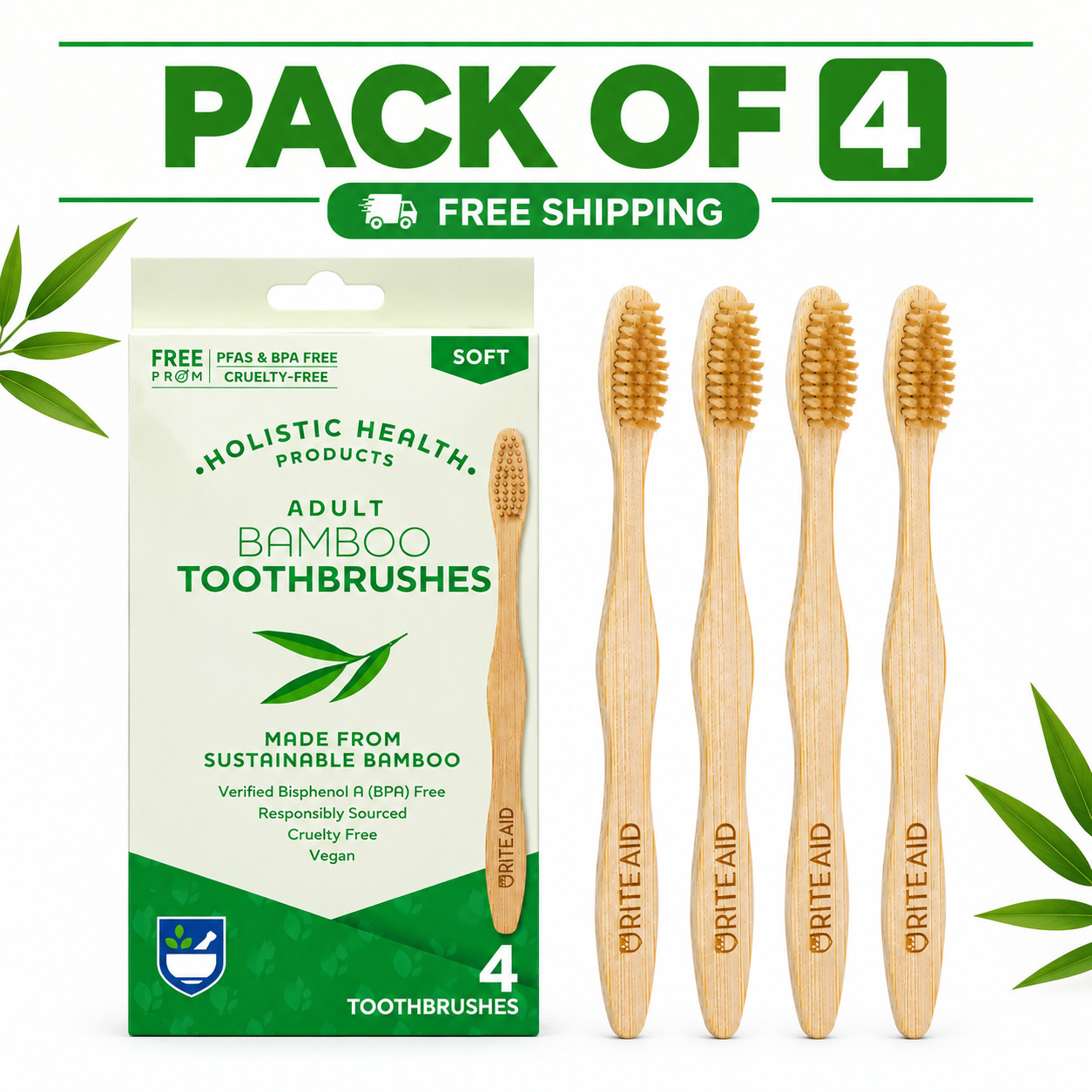 Rite Aid Adult Bamboo Toothbrushes, 4 Pack