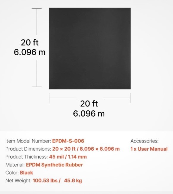 VEVOR 20 x 20 ft  Roofing 45 mil EPDM Rubber -RVs, Roof Houston TX area pick up 