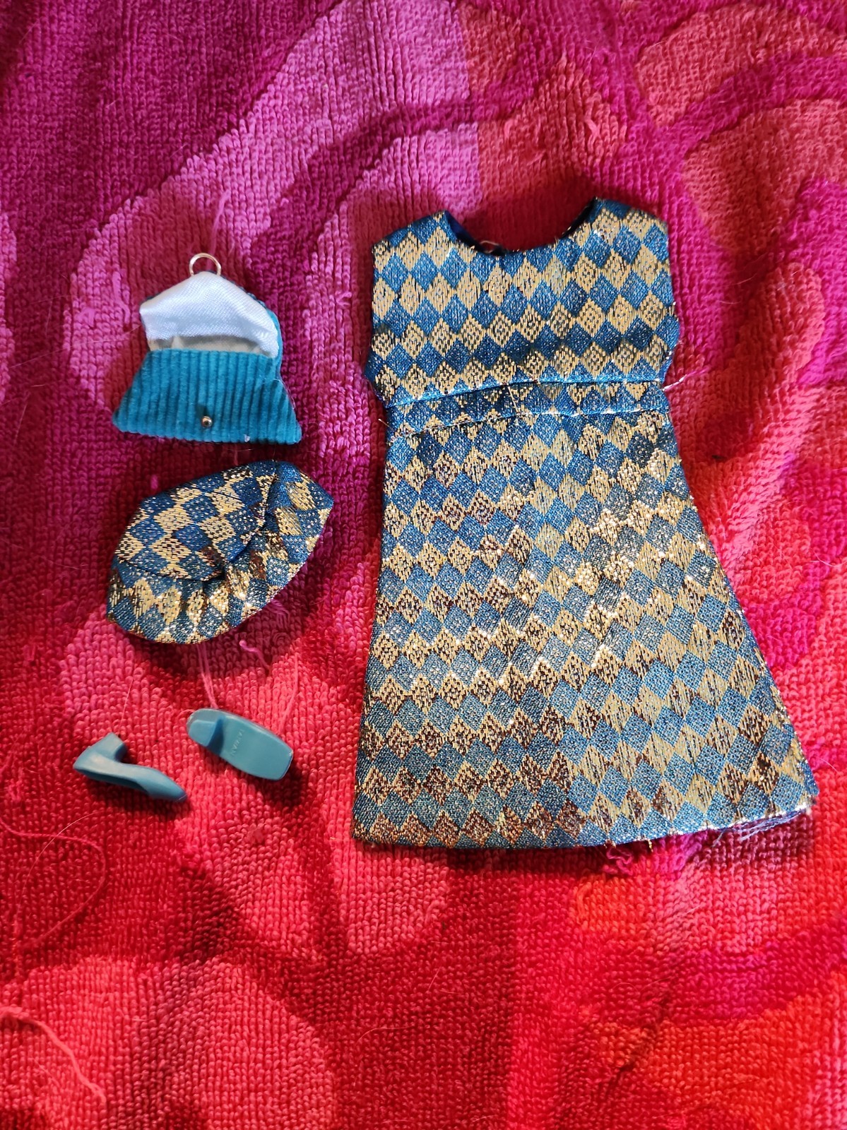 Gorgeous 1960s Vintage Barbie Clone Mini Dress Harlequin Blue Gold Tagged