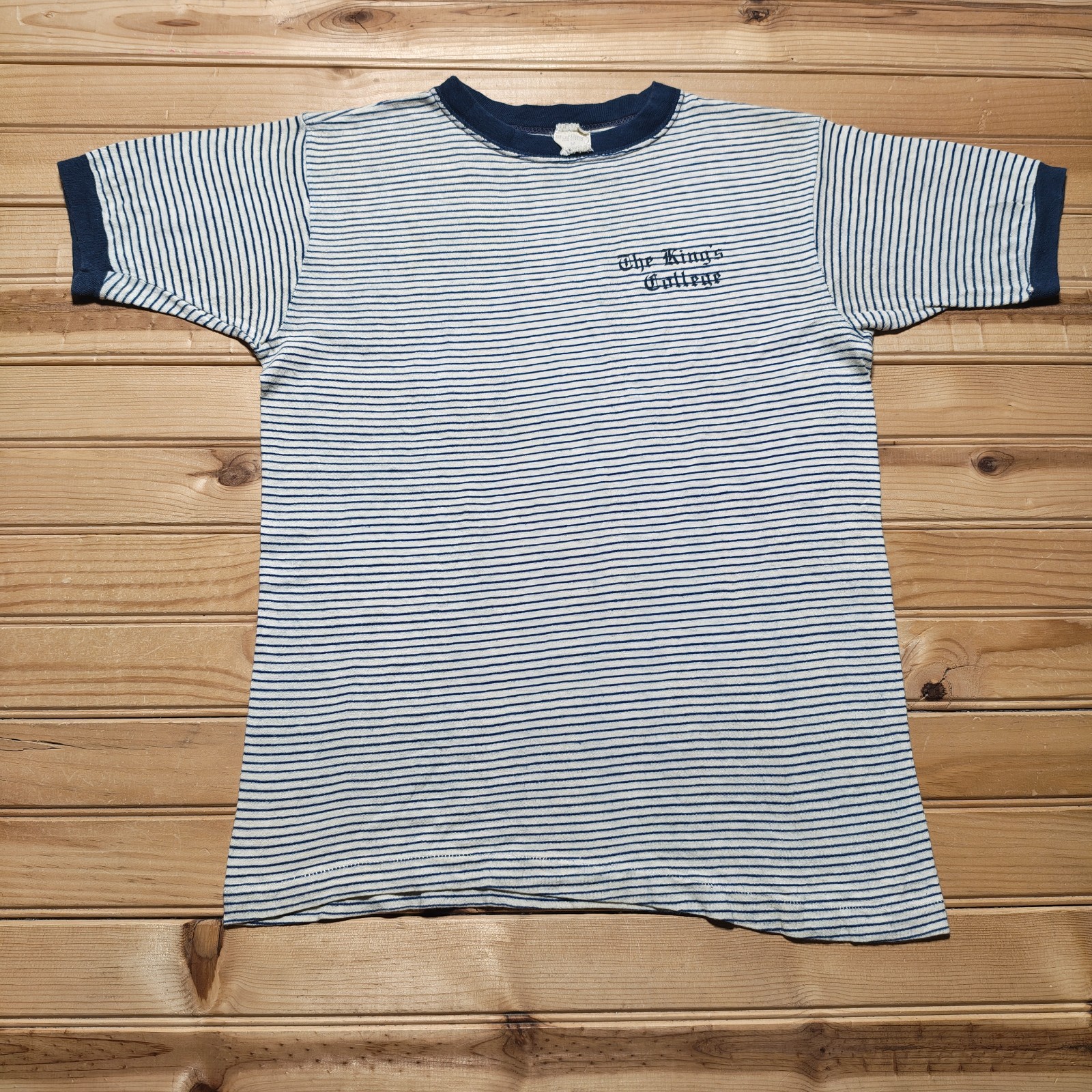 Vintage 60s The King\'s College Retro Striped Graphic Ringer T-Shirt - Medium