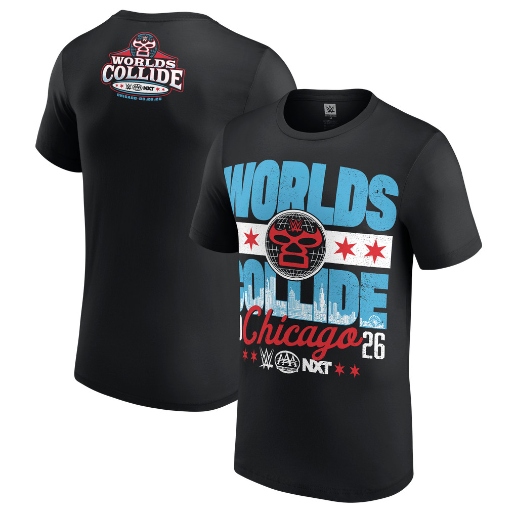 SUPER HOT Men's Black WWE/AAA/NXT Worlds Collide 2026 Chicago Shop T-Shirt