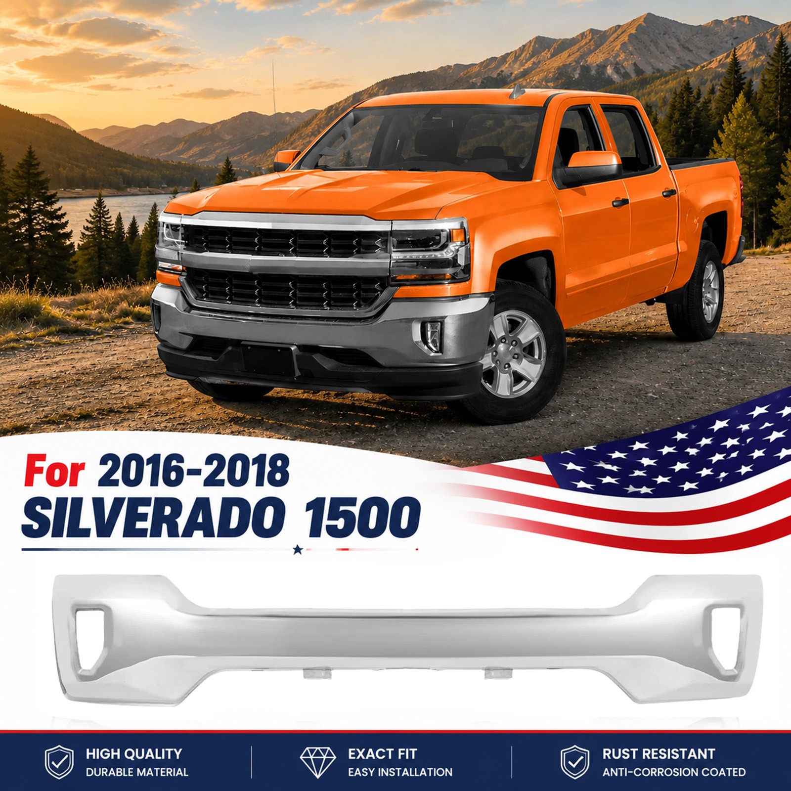 for 2016-2019 Silverado 1500 W/Fog Light Hole Chrome Front Bumper Face Bar