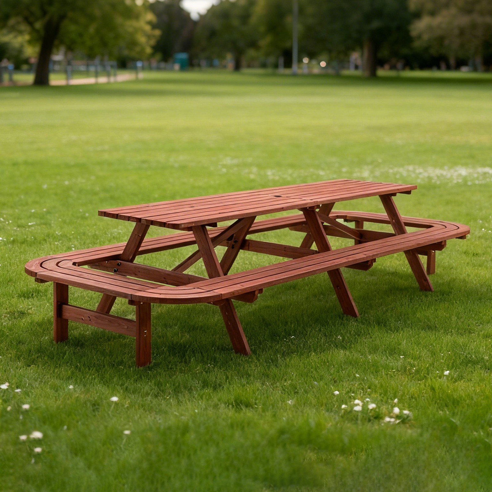 16‑Person Large Solid Wood Picnic Table W/Curved Attached Benches
