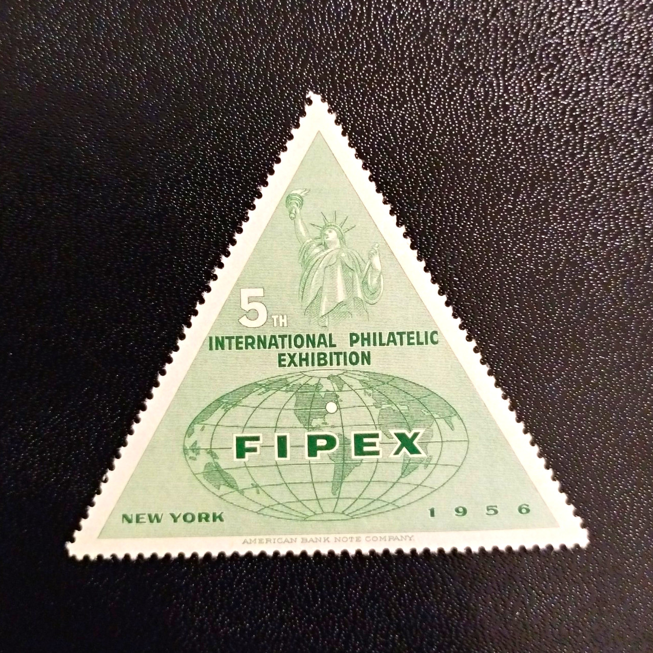 F.I.P.E.X 1956 New York Triangular Green 5c Cinderella Stamp/Label