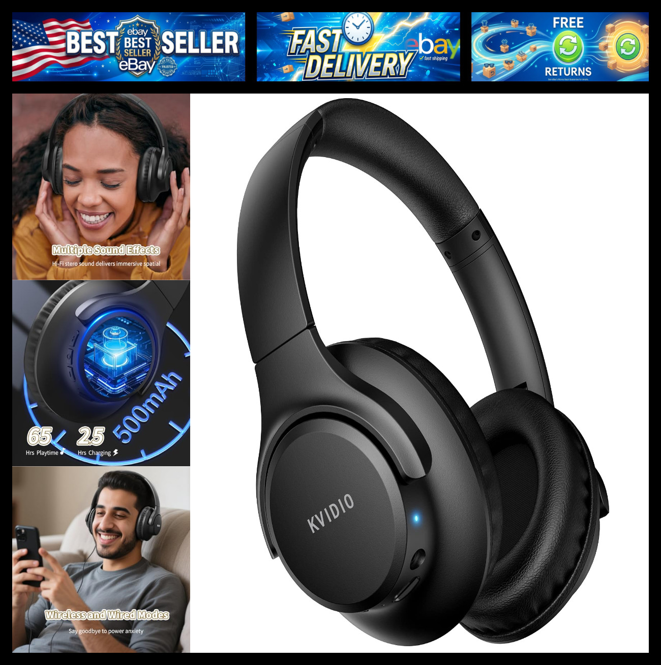 KVIDIO Bluetooth Headphones Wireless Over Ear Headsets 65H Playtime