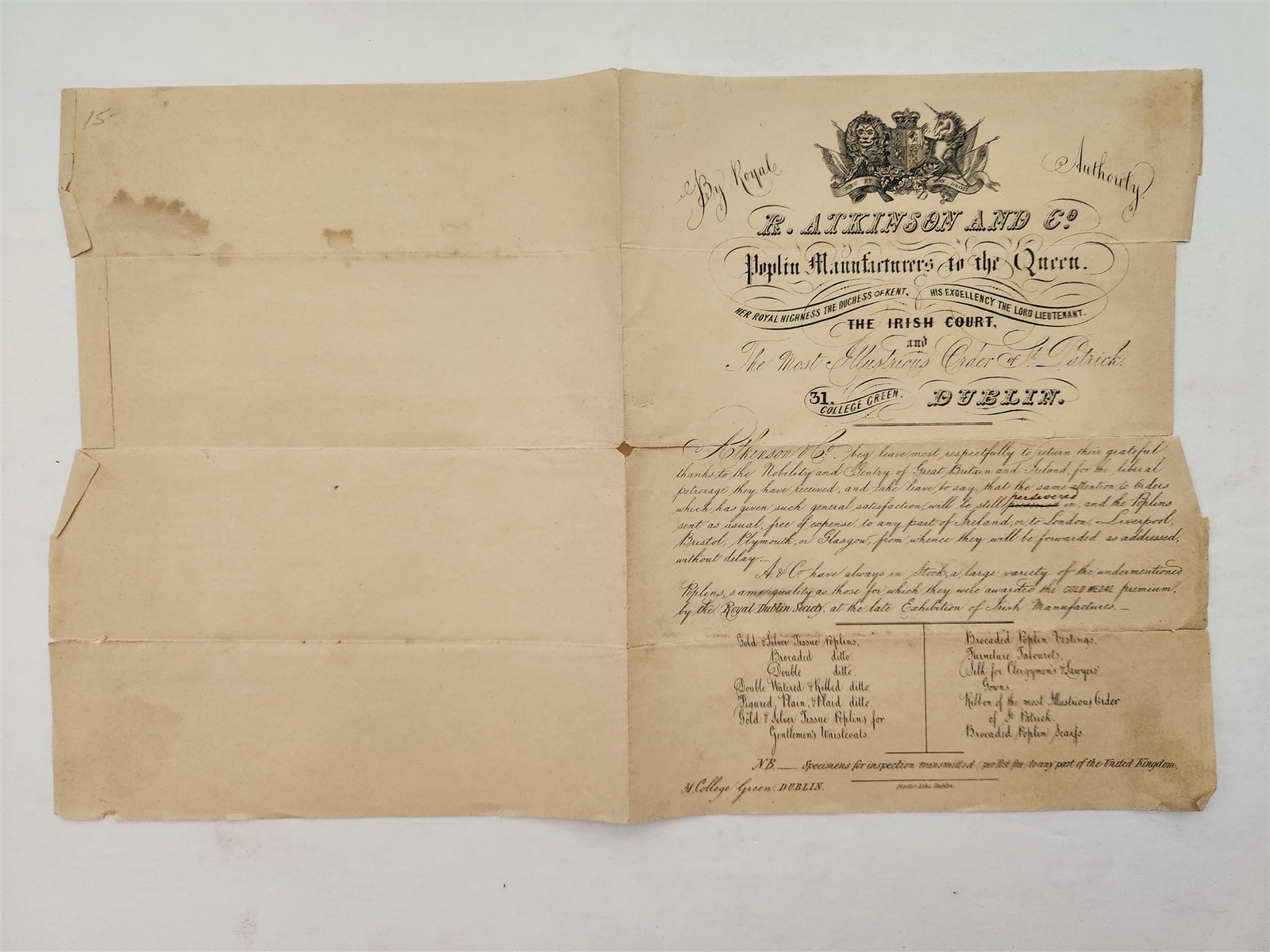 1830s antique R. ATKINSON & CO dublin IRELAND POPLIN ROYAL WARRANT circular