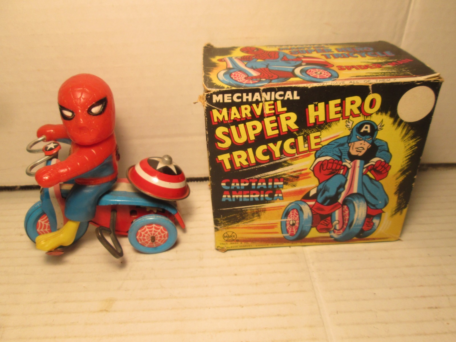L@@K MARX SPIDER-MAN SUPER HERO TRICYCLE 1968 MARVEL AWESOME NMIB FREE S/H $695