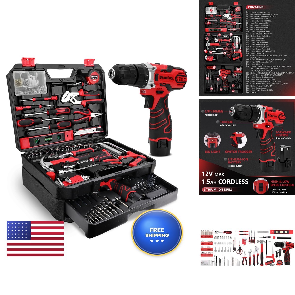 KingTool 276-Piece Tool Set Kit with 12V Cordless Power Drill Red Black KingTool 276-Piece Tool Set Kit with 12V Cordless Power Drill Red Black