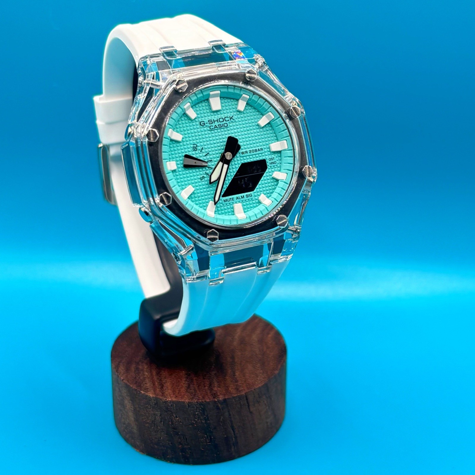 Custom Casio G-Shock GA2100 Octagon Watch – Clear Case & Sky Blue Dial ,White Custom Casio G-Shock GA2100 Octagon Watch – Clear Case & Sky Blue Dial ,White