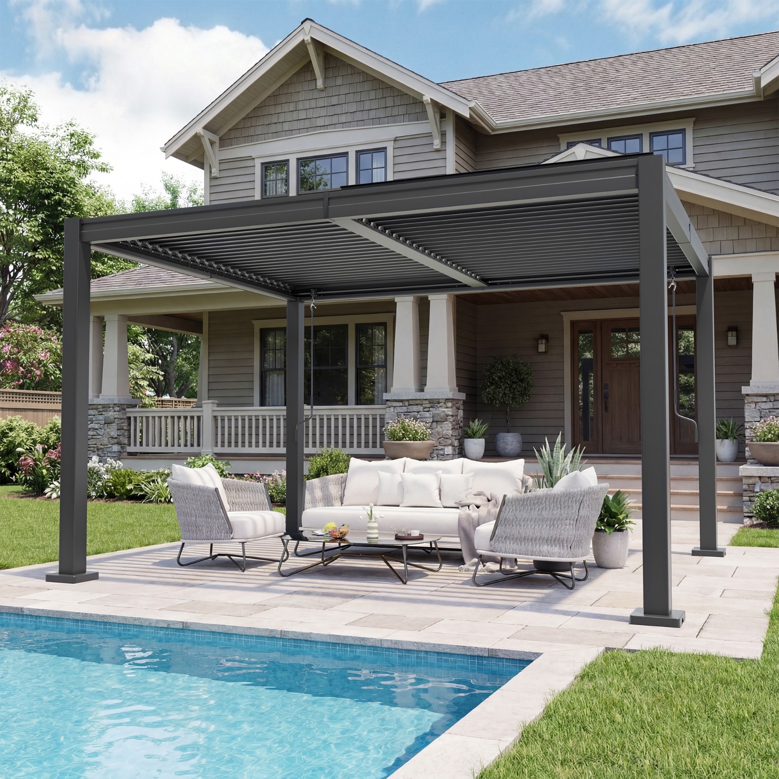 10 x 12 ft  Outdoor Louvered Pergola With Water-tight Adjustable Roof, Dark Grey