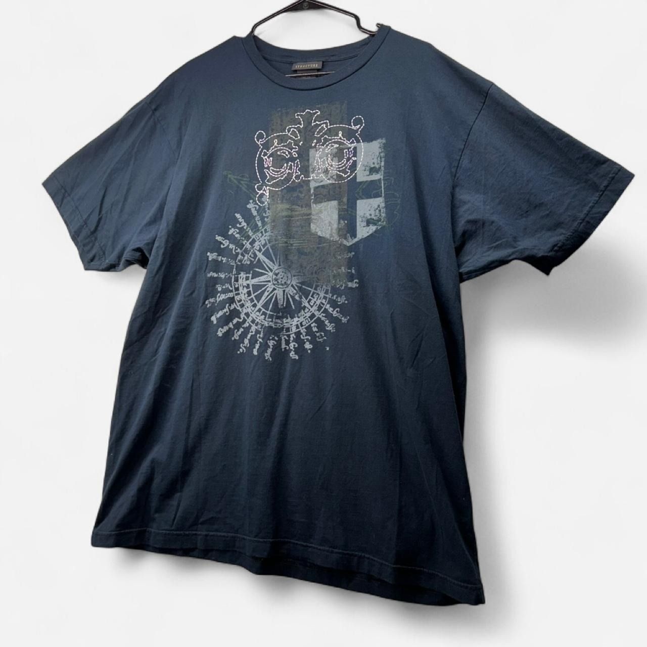Structure Mens Graphic T-Shirt XL Navy Blue Cotton Compass Shield Print Tee