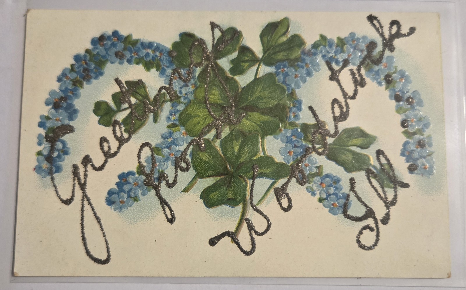 Greetings From Woodstock , IL Clovers  Antique Glitter Unused Postcard F7 