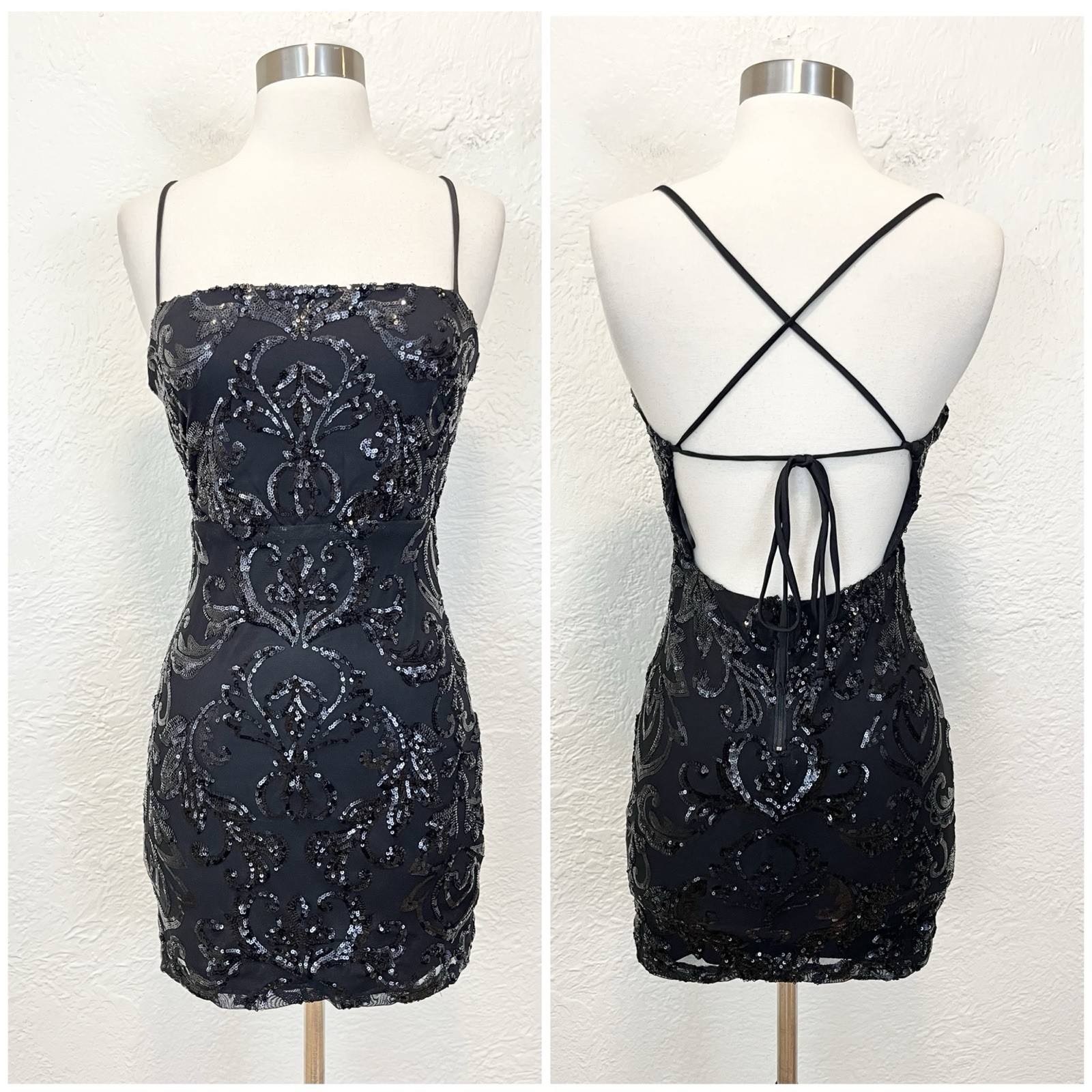 Windsor Mini Dress Black Sequin Tie Back Party Dance size Small S Windsor Mini Dress Black Sequin Tie Back Party Dance size Small S