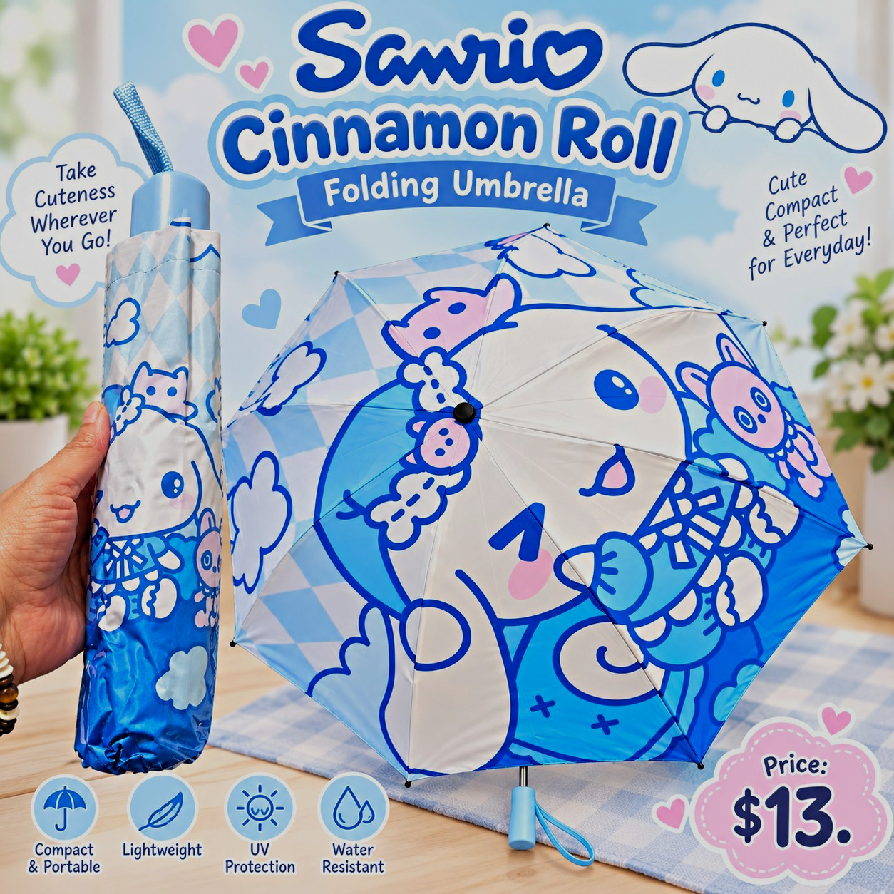 Sanrio Cinnamoroll Folding Umbrella, Blue White, Priced To Sell. Reg: $23.00 Sanrio Cinnamoroll Folding Umbrella, Blue White, Priced To Sell. Reg: $23.00
