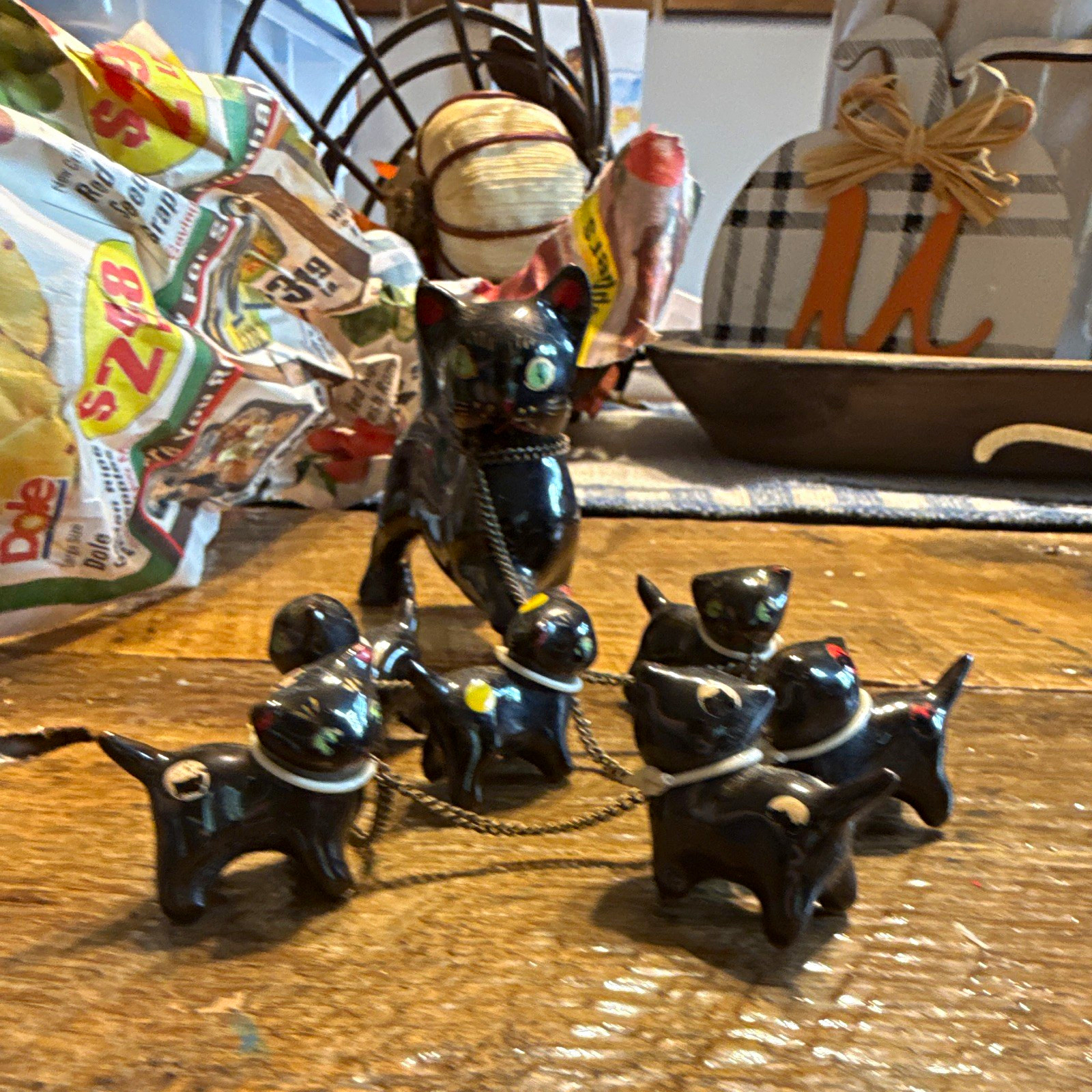 Vintage Japan Ceramic Black Cat & Kittens Figurine Set, Cat Family Decor