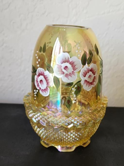 Fenton Hand Painted Iridescent Yellow Satin Glass Fairy Lamp Signed T. Watson