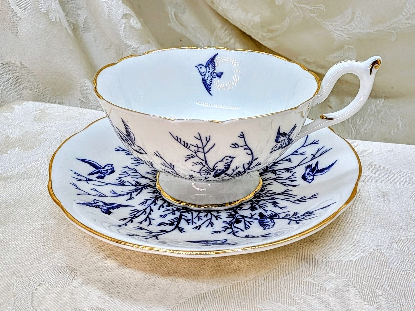 Vintage Coalport Bluebirds & Twigs Teacup Saucer Cobalt Blue Pedestal Gold Gold