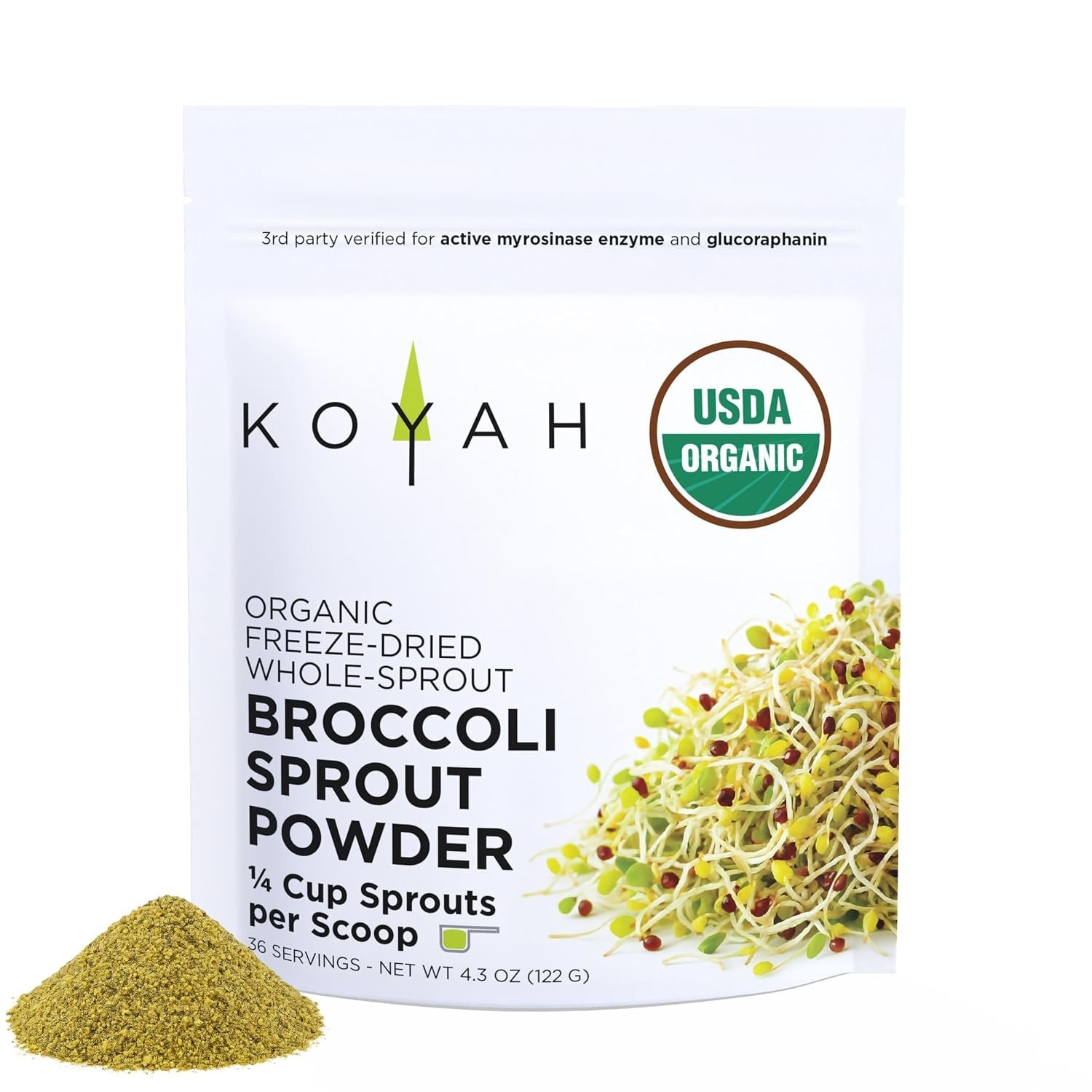 KOYAH - Organic USA Broccoli Sprout Powder 1 Scoop = 1/4 Cup Sprouts 36 Serving.