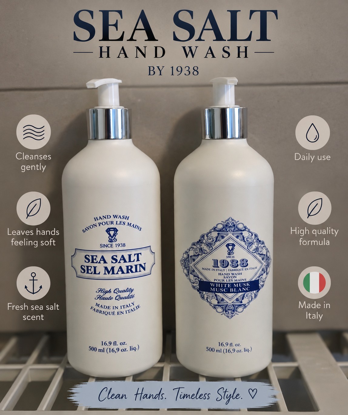 Diamante Since 1938 Italian Hand Wash Duo Sea Salt & White Musk Soap Set 16.9 Oz