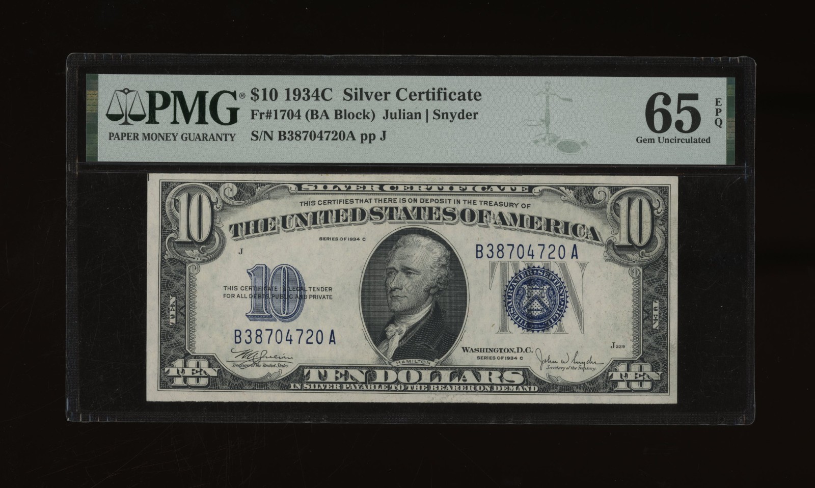 DBR 1934-C $10 Silver Gem Fr. 1704 PMG 65 EPQ Serial B38704720A