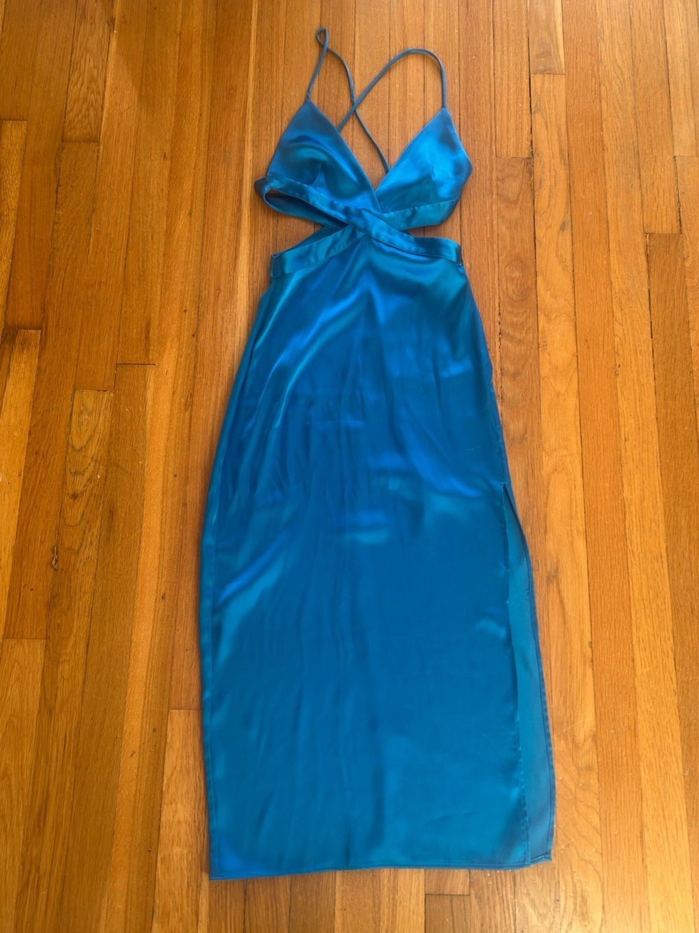 Zara Blue Satin Halter Midi Dress Keyhole Cutout Side Slit Column Size XS Zara Blue Satin Halter Midi Dress Keyhole Cutout Side Slit Column Size XS