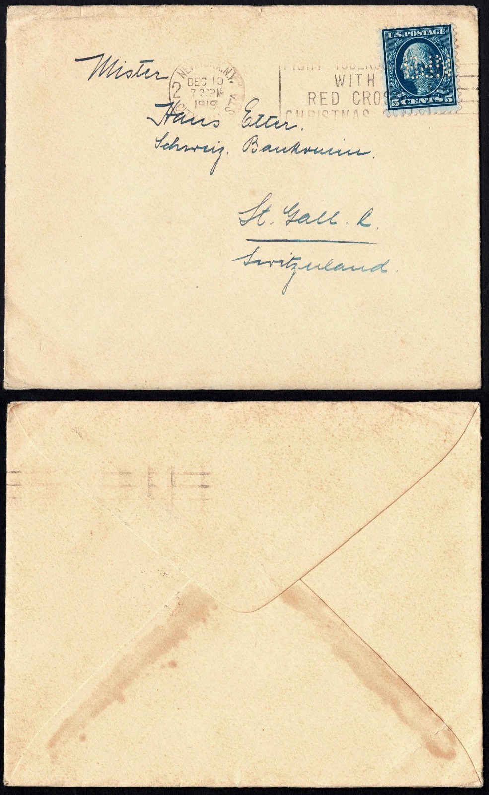 USA 1919 Cover, 5c Washington, Xmas Slogan Cancel, to Switzerland