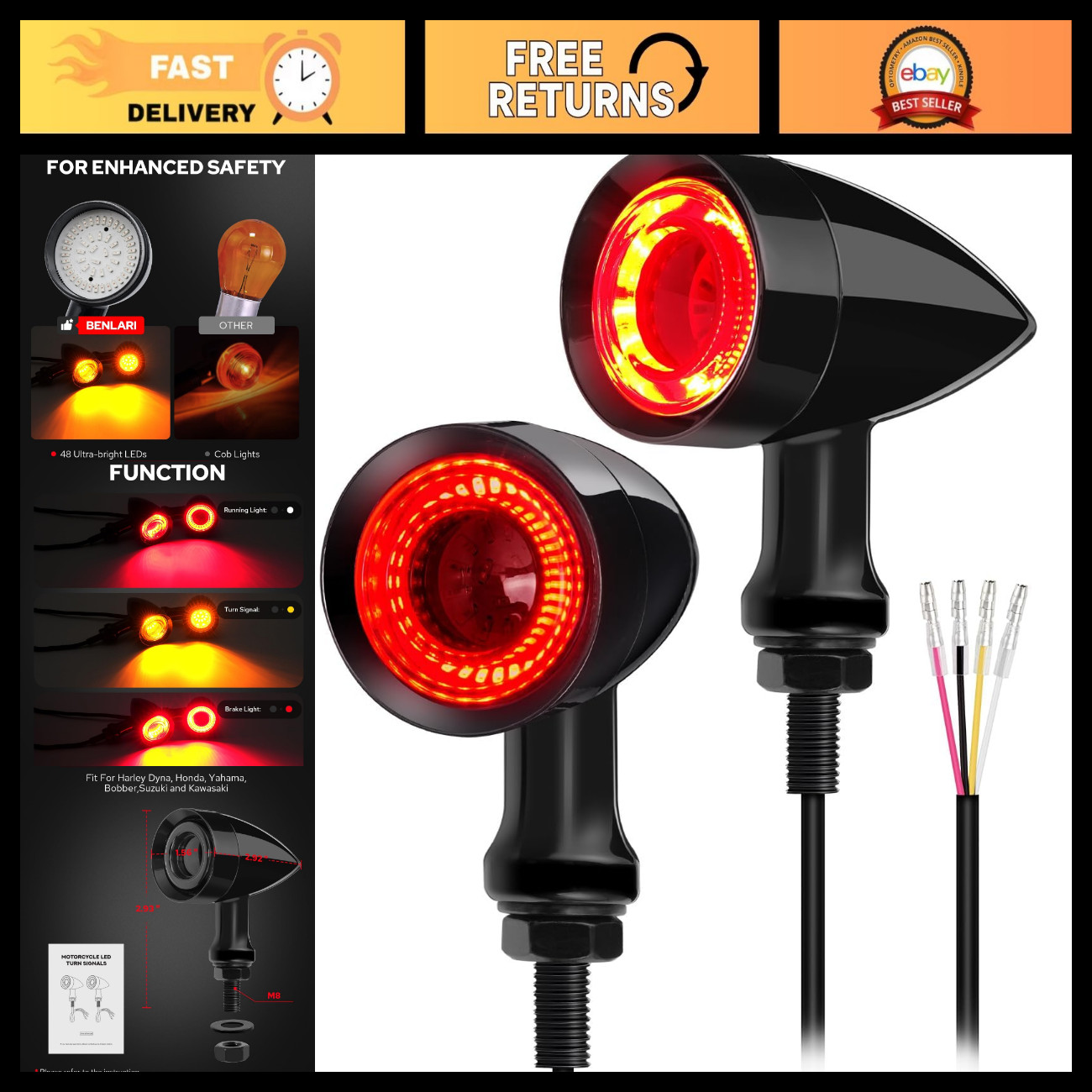 48 LED Motorcycle Rear Turn Signal Lights, SMD Blinker Indicators for Honda, Yam 48 LED Motorcycle Rear Turn Signal Lights, SMD Blinker Indicators for Honda, Yam
