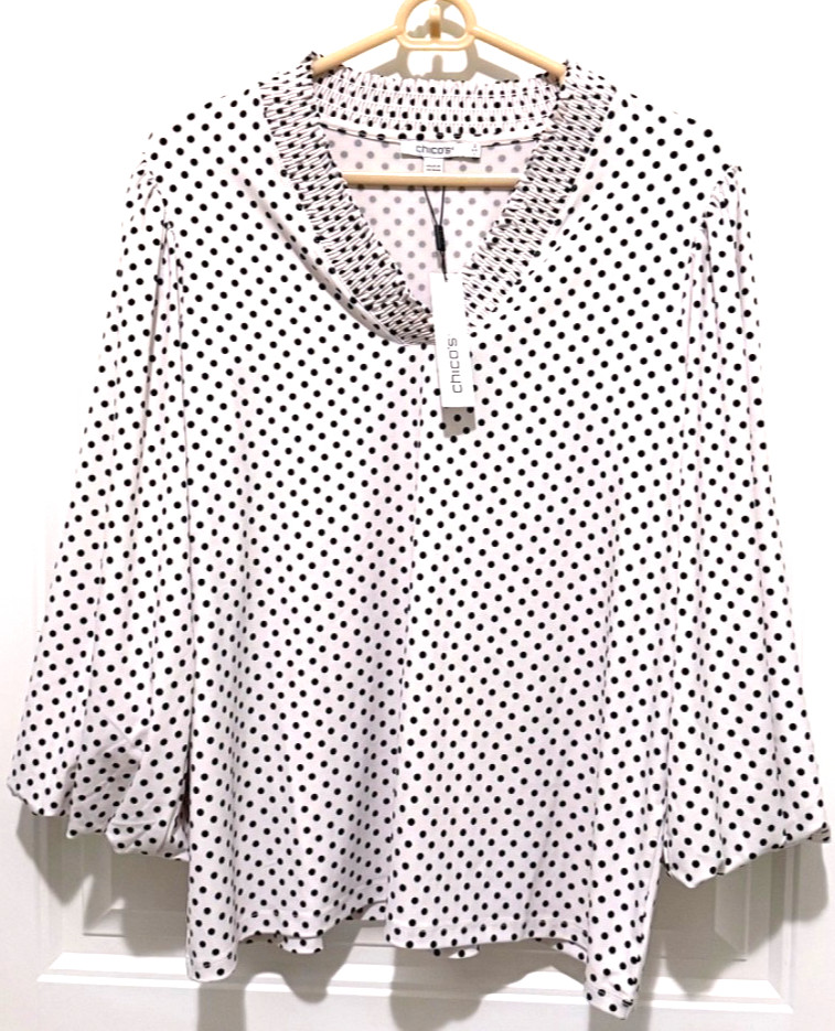 NWT Chico\'s Polka Dot Top Women Balloon Sleeve Smocked V Neck Sz Large MRSP $79