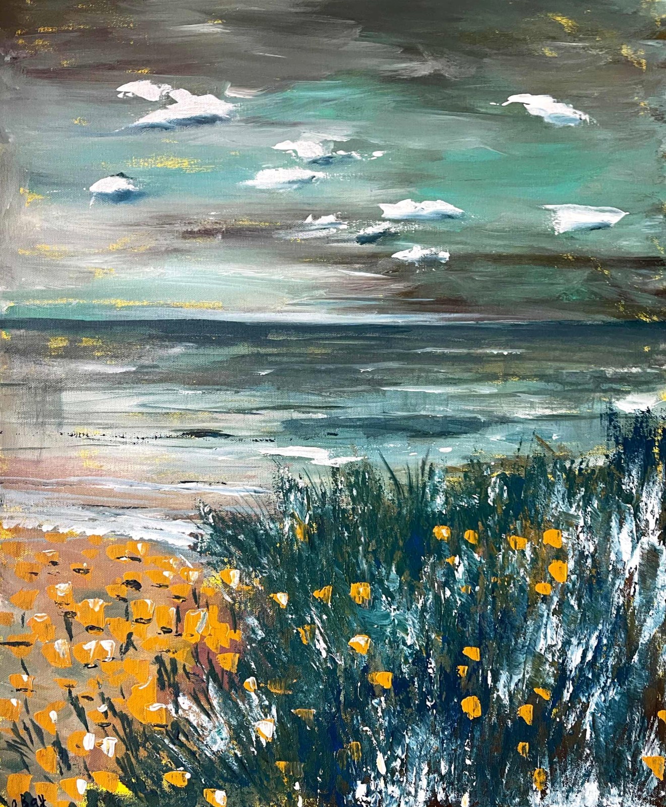 Yellow Poppy California Painting Original Acrylic Art Seascape 20x24\