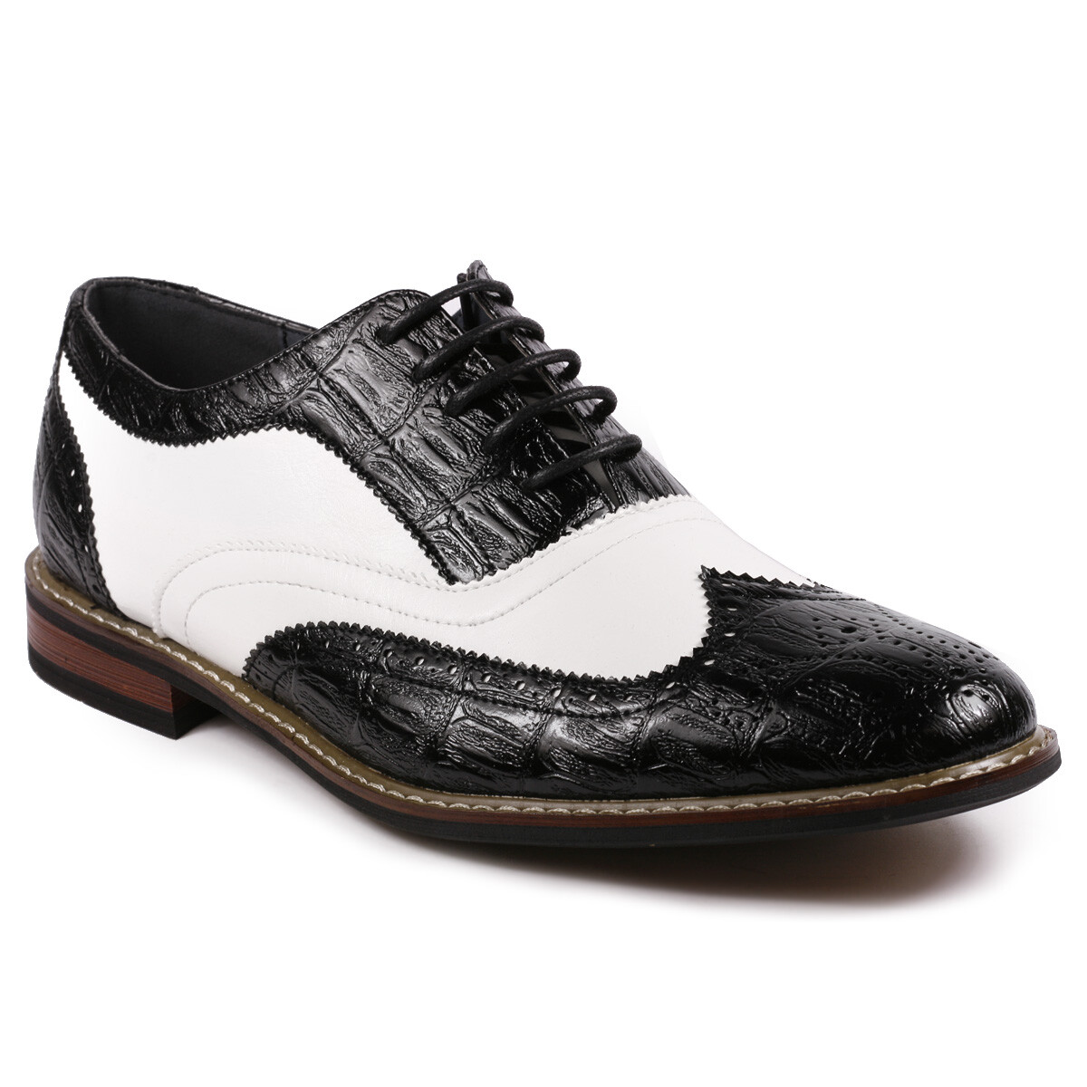 Black White Men\'s Tuxedo Spectator Perforated Wing Tip Lace Up Oxford Dress Shoe