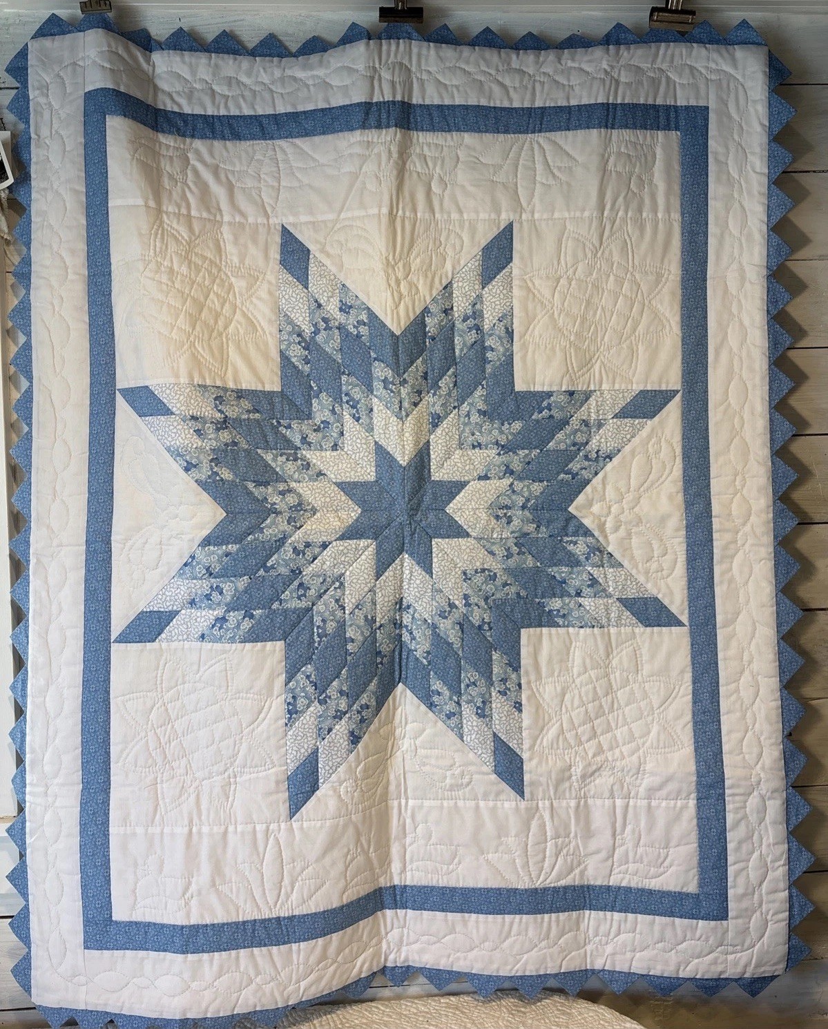 Handmade Hand Stitched Amish Lone Star Baby/Crib Quilt Blue White ~ Crisp