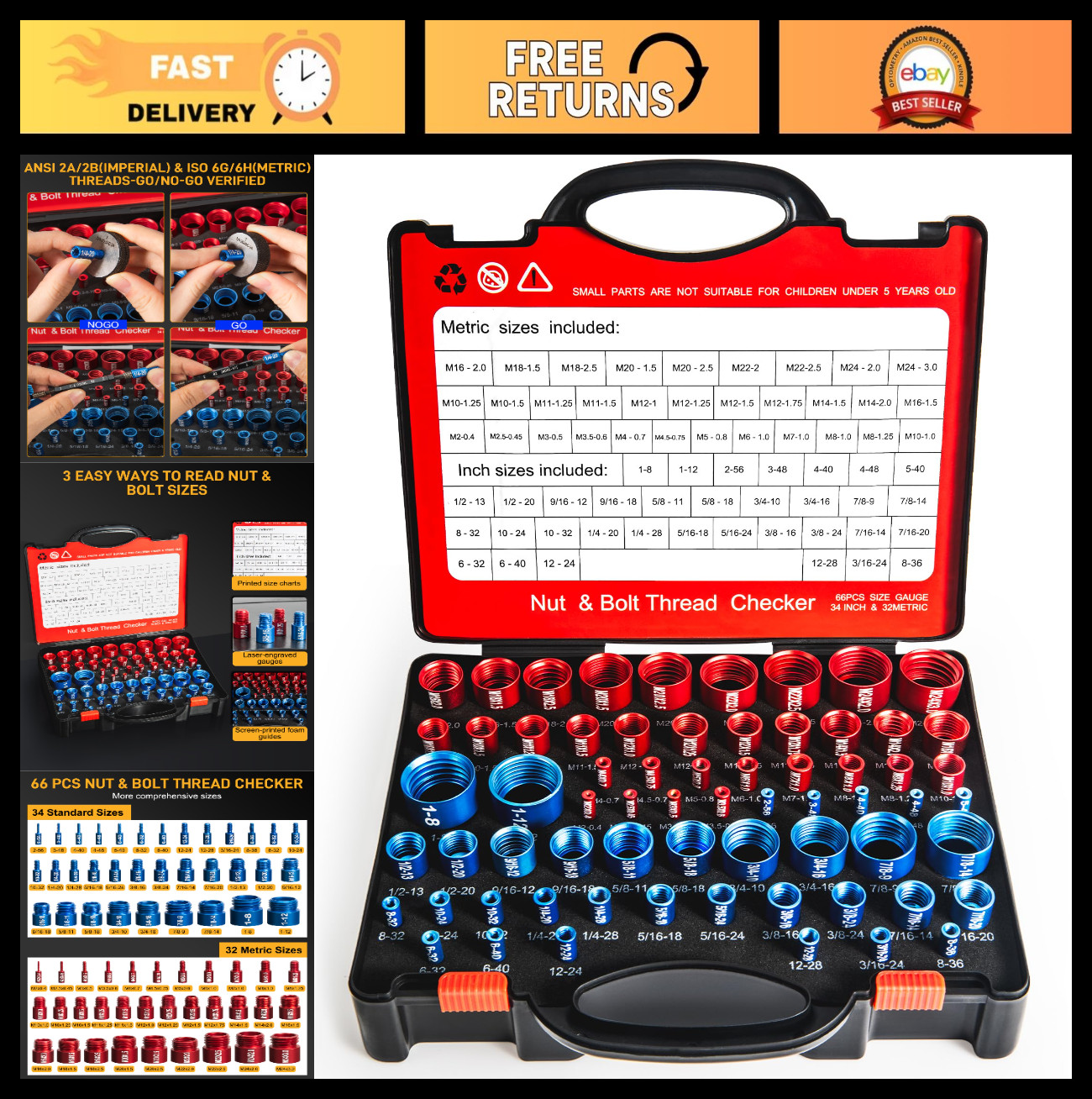 66-Piece Nut & Bolt Thread Checker Kit | SAE & Metric Gauges for DIY Repairs