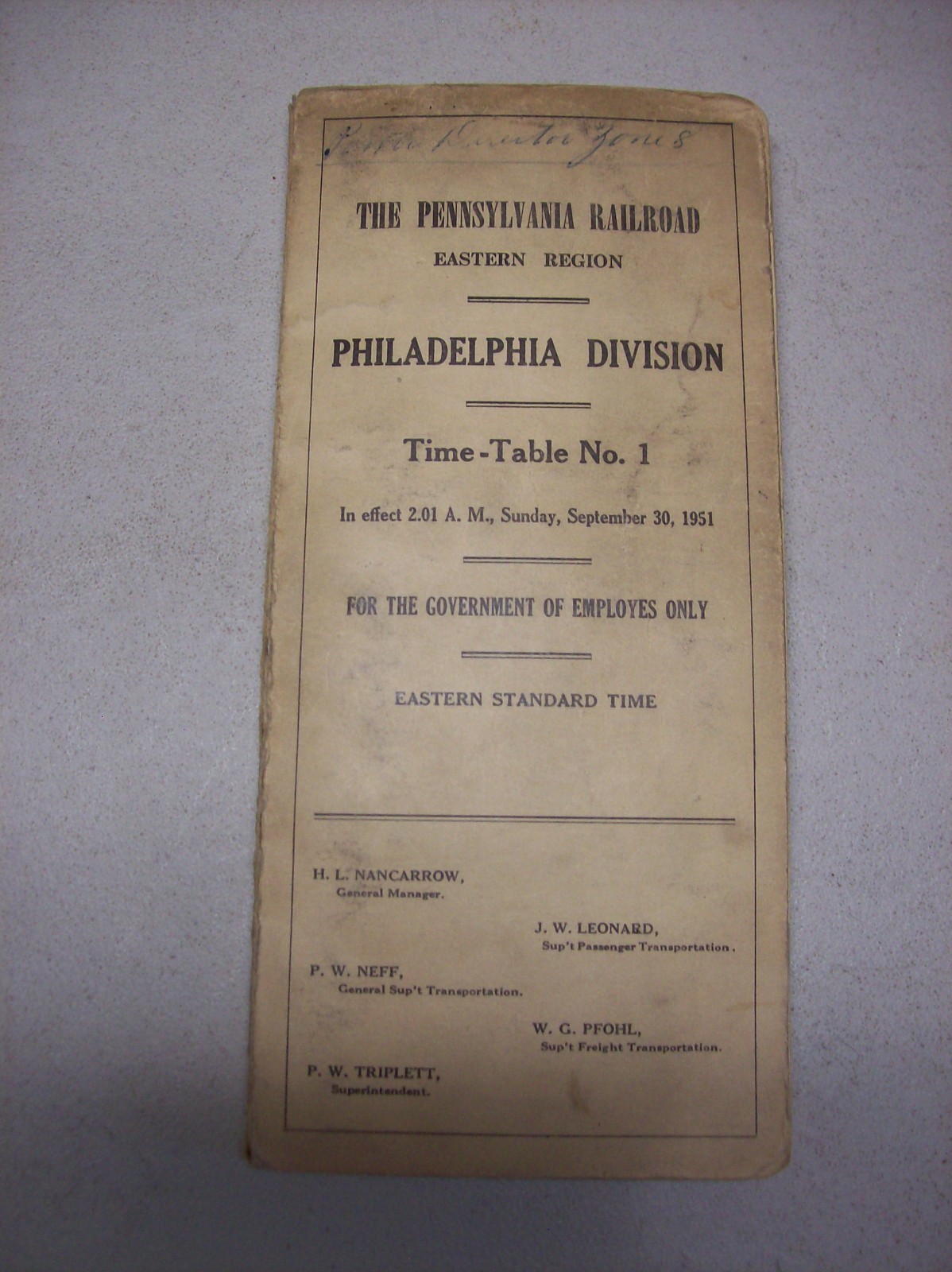 Pennsylvania Railroad Employee TT. #1 Eastern Region /Philadelphia Div. 9-1951 Pennsylvania Railroad Employee TT. #1 Eastern Region /Philadelphia Div. 9-1951