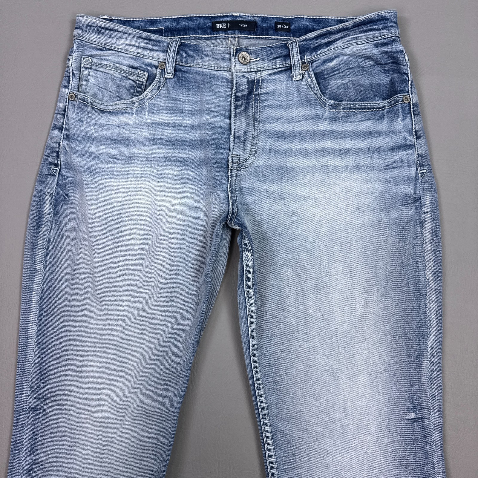 BKE Jeans Mens 36x34 Blue Tyler Buckle Denim Pants Distressed Stretch Washed Out BKE Jeans Mens 36x34 Blue Tyler Buckle Denim Pants Distressed Stretch Washed Out