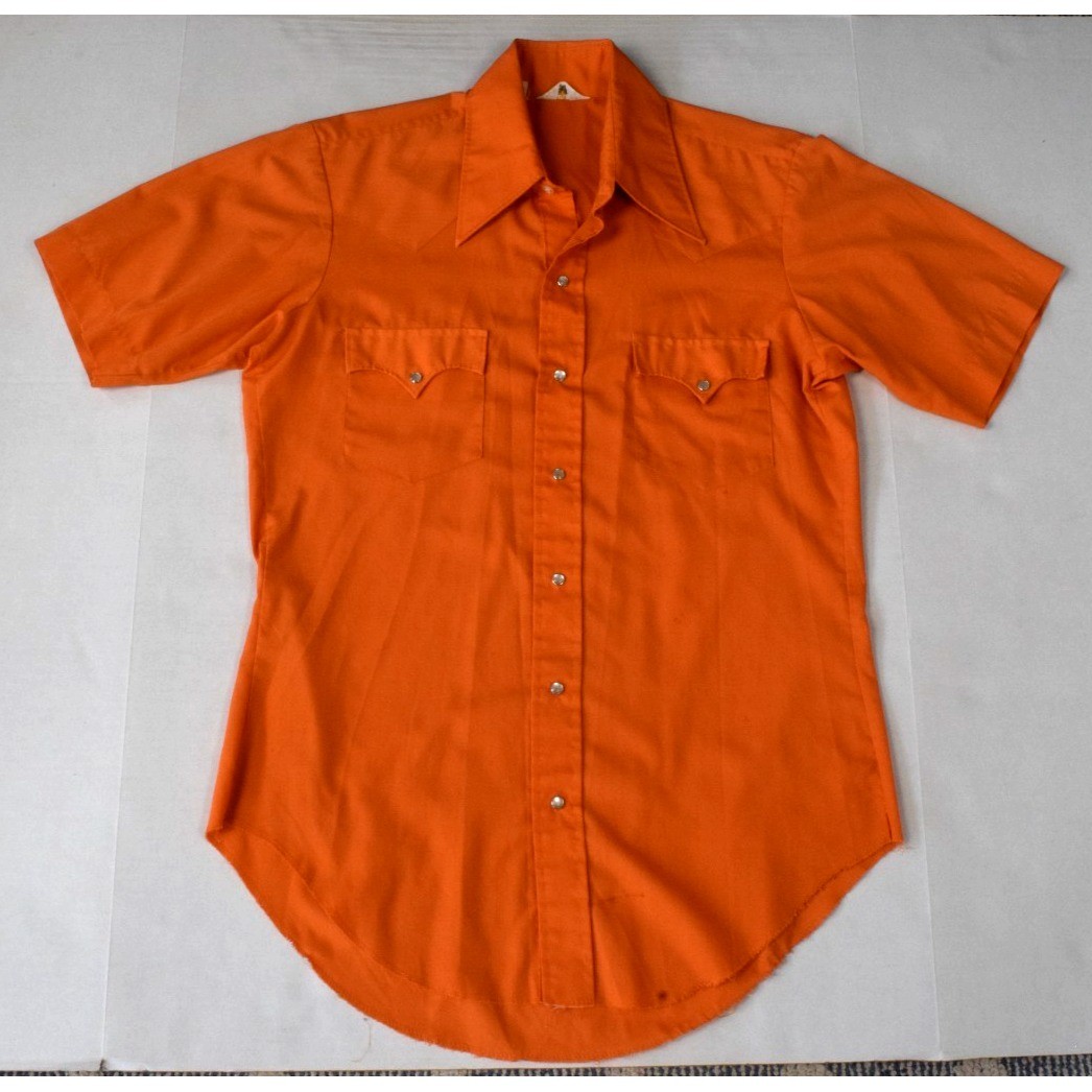 Vintage 70s Pearl Snap Western Shirt SS Mens M Orange Perm Press Long Tails