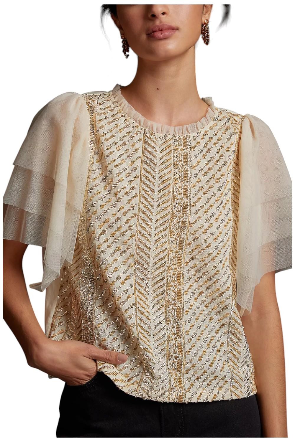 Anthropologie Women's Let Me Be Sequined Embroidered Top Honey Anthropologie Women's Let Me Be Sequined Embroidered Top Honey