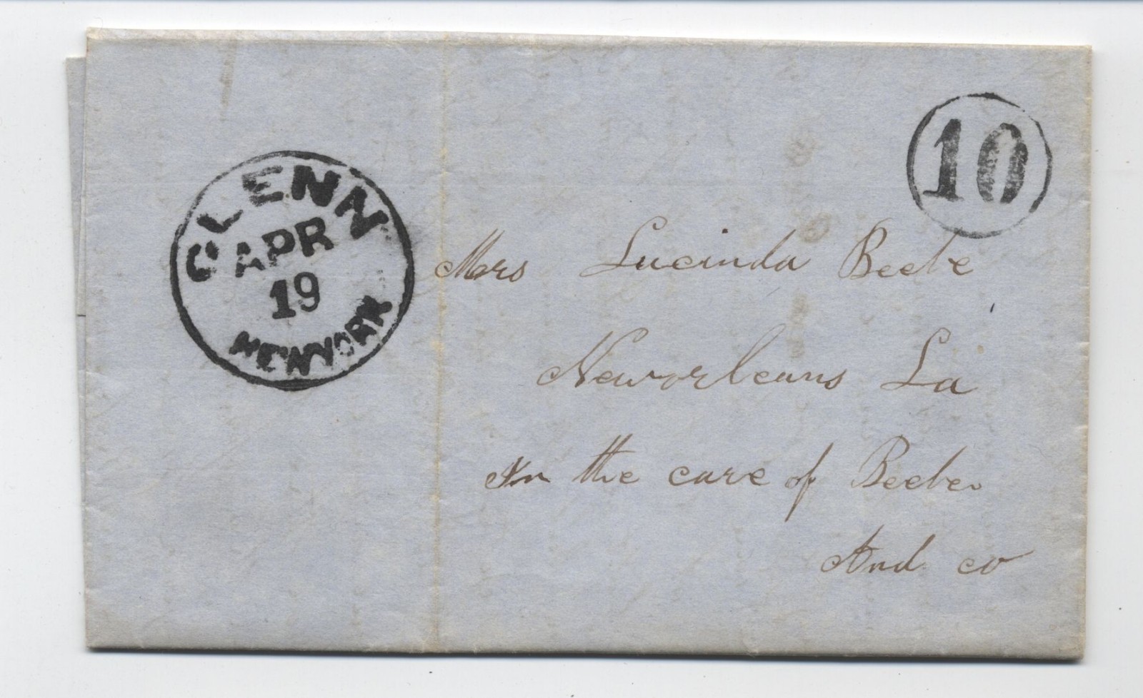 1851 Glenn NY stampless letter black CDS and 10 rate in circle to LA [k.1500]
