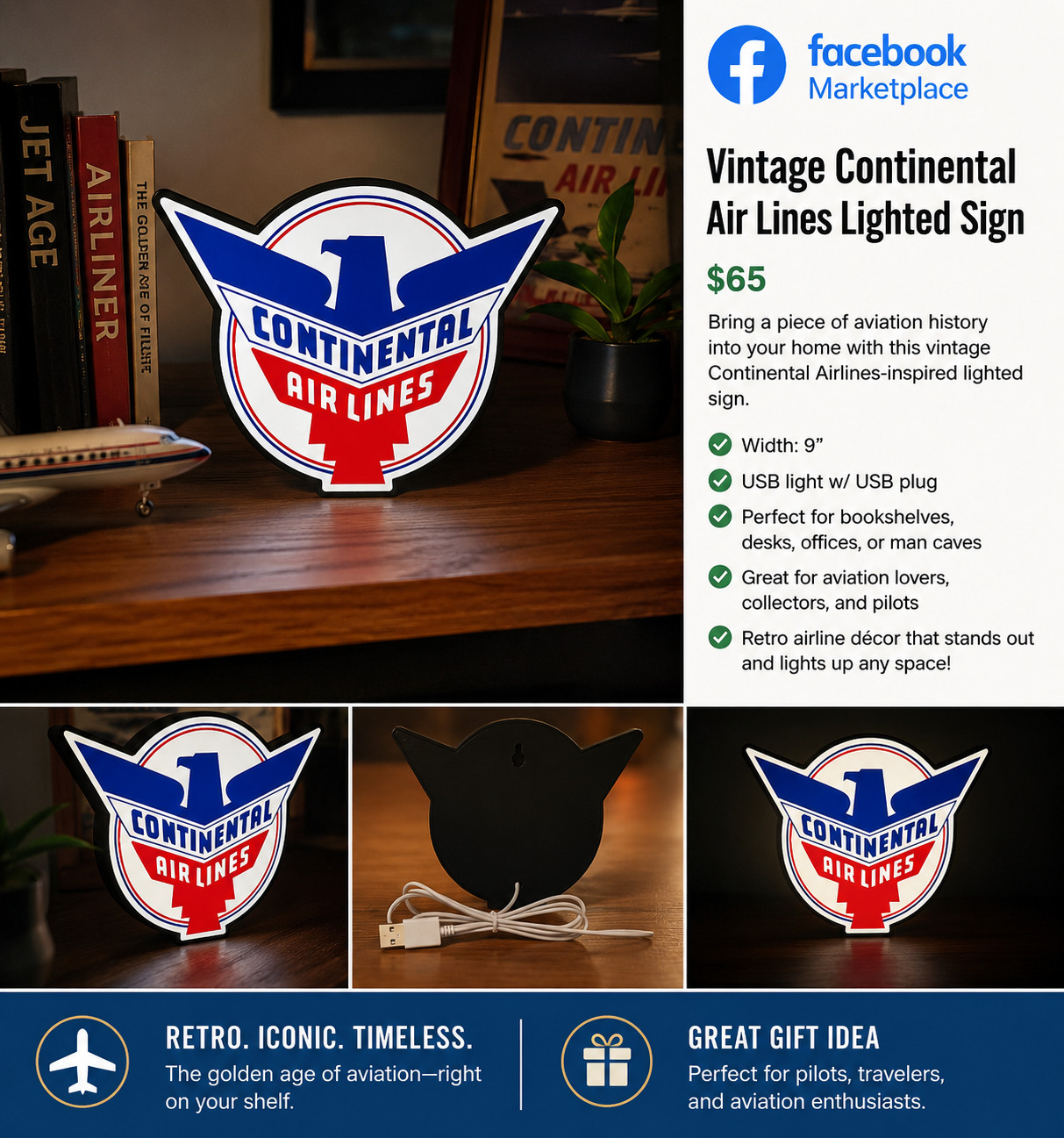 Vintage Continental Airlines LED Lighted Sign – USB Powered Aviation Decor – 9”